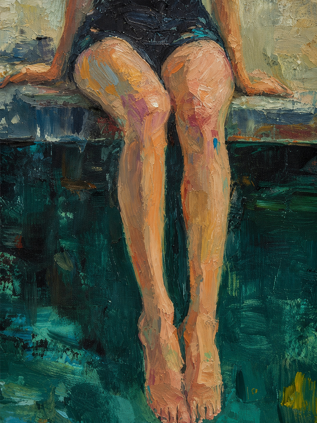 Original Figurative Oil Painting Of Woman By Pool With Rich Green Tones For Modern Home Decor