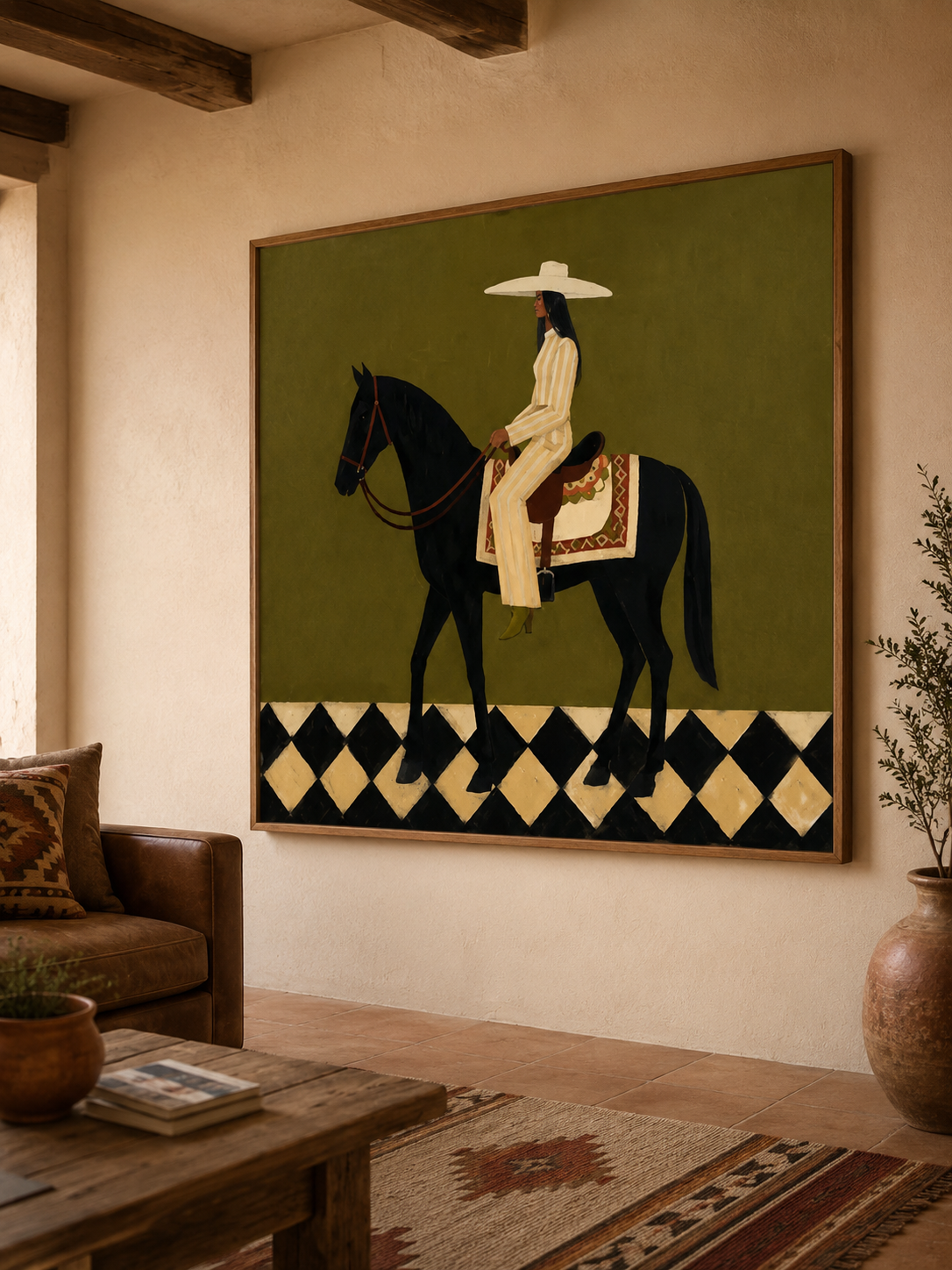 Vintage Horse And Rider Painting Sage Green Wall Art For Modern Home Decor