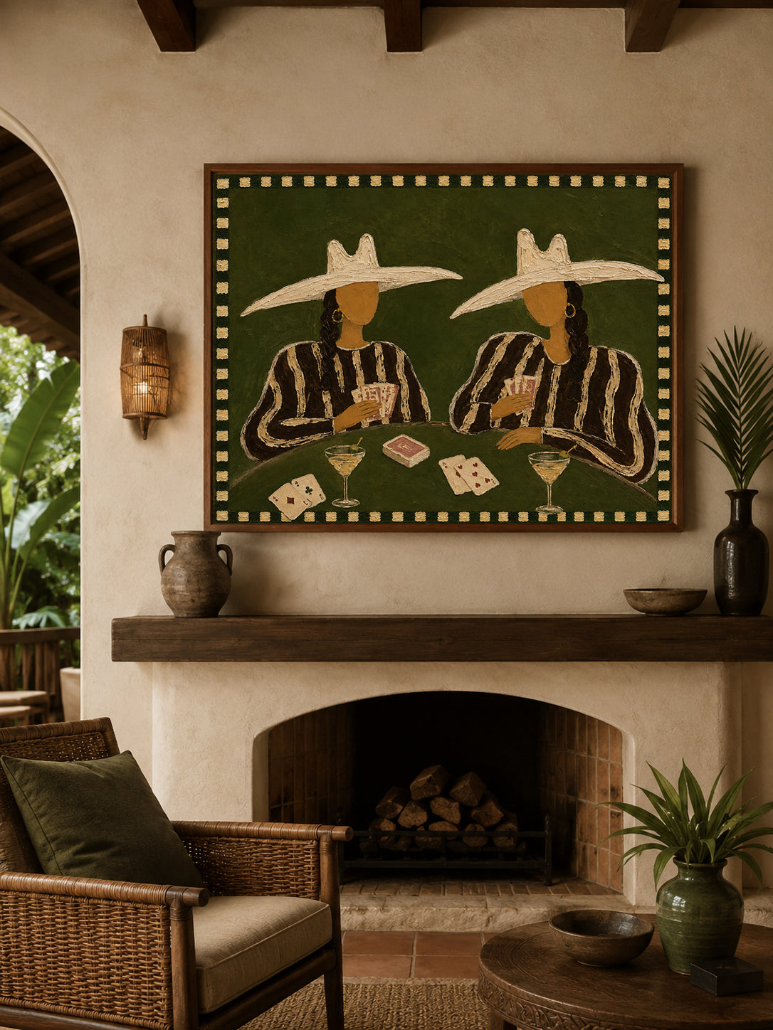 Cowgirl Poker Painting, Western Casino Wall Art With Cocktails, Dark Green Game Room Decor