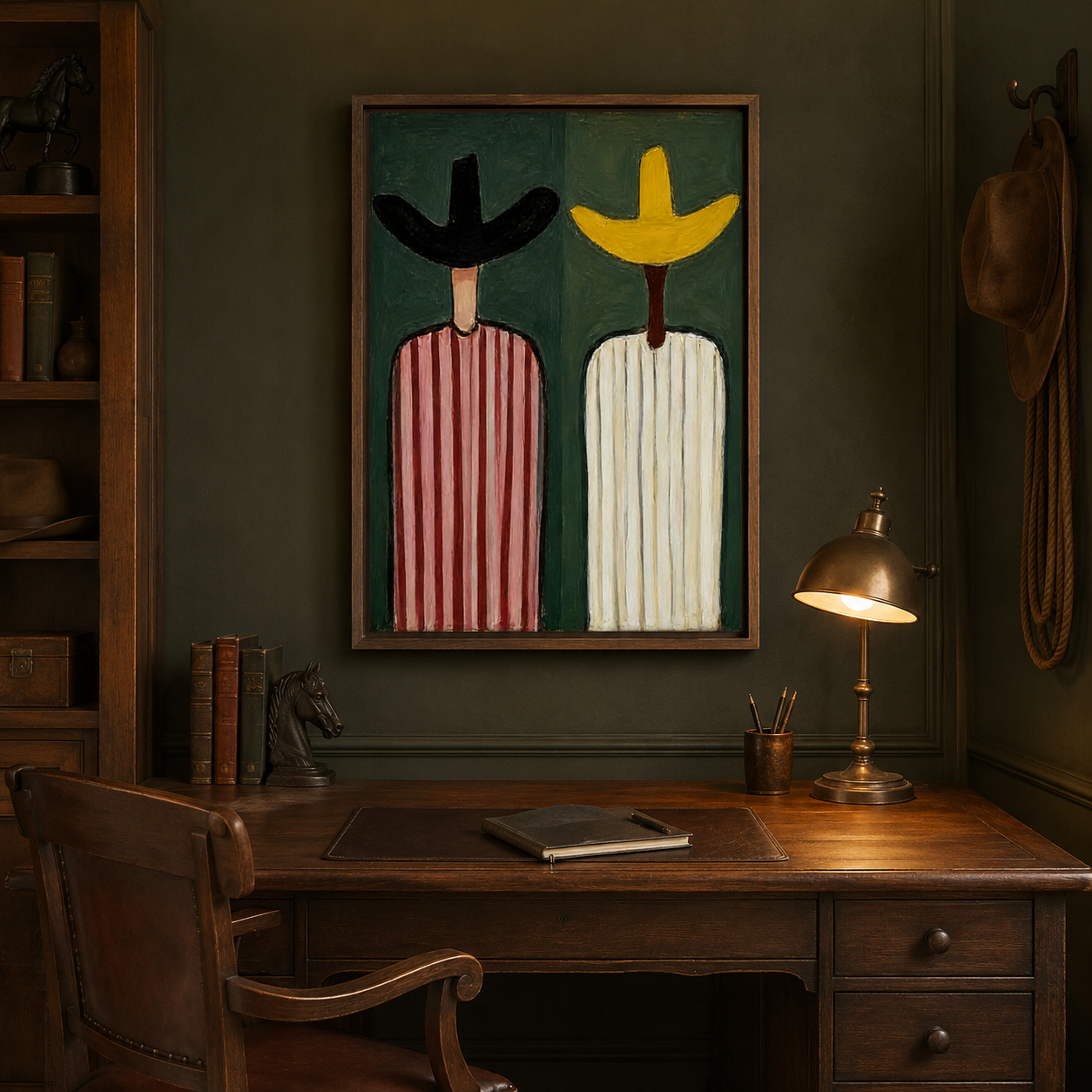 Abstract Figurative Painting With Sage Green Background And Striped Characters For Modern Home Decor