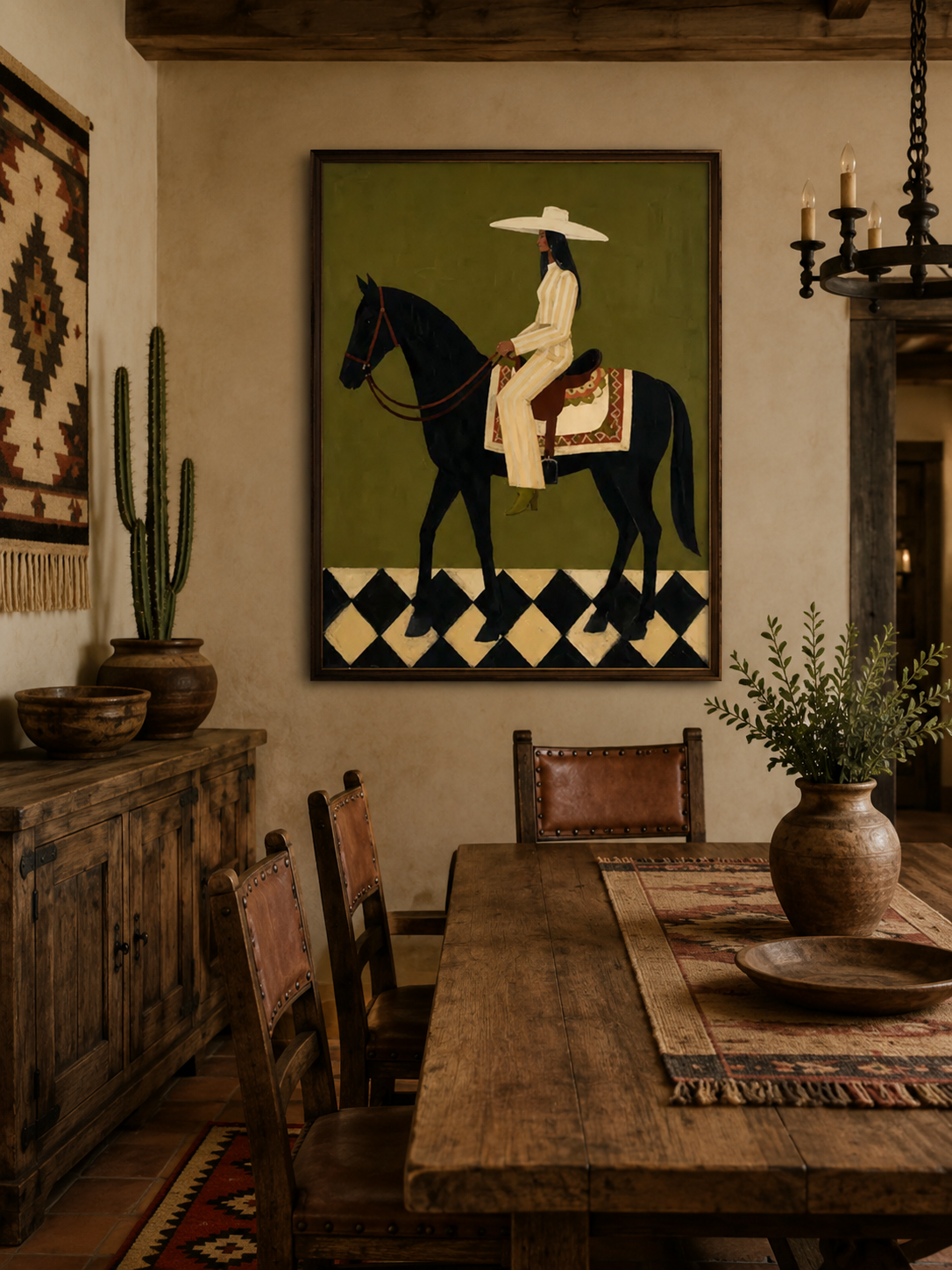 Retro Equestrian Art Painting Olive Green Background Woman On Horse Wall Decor