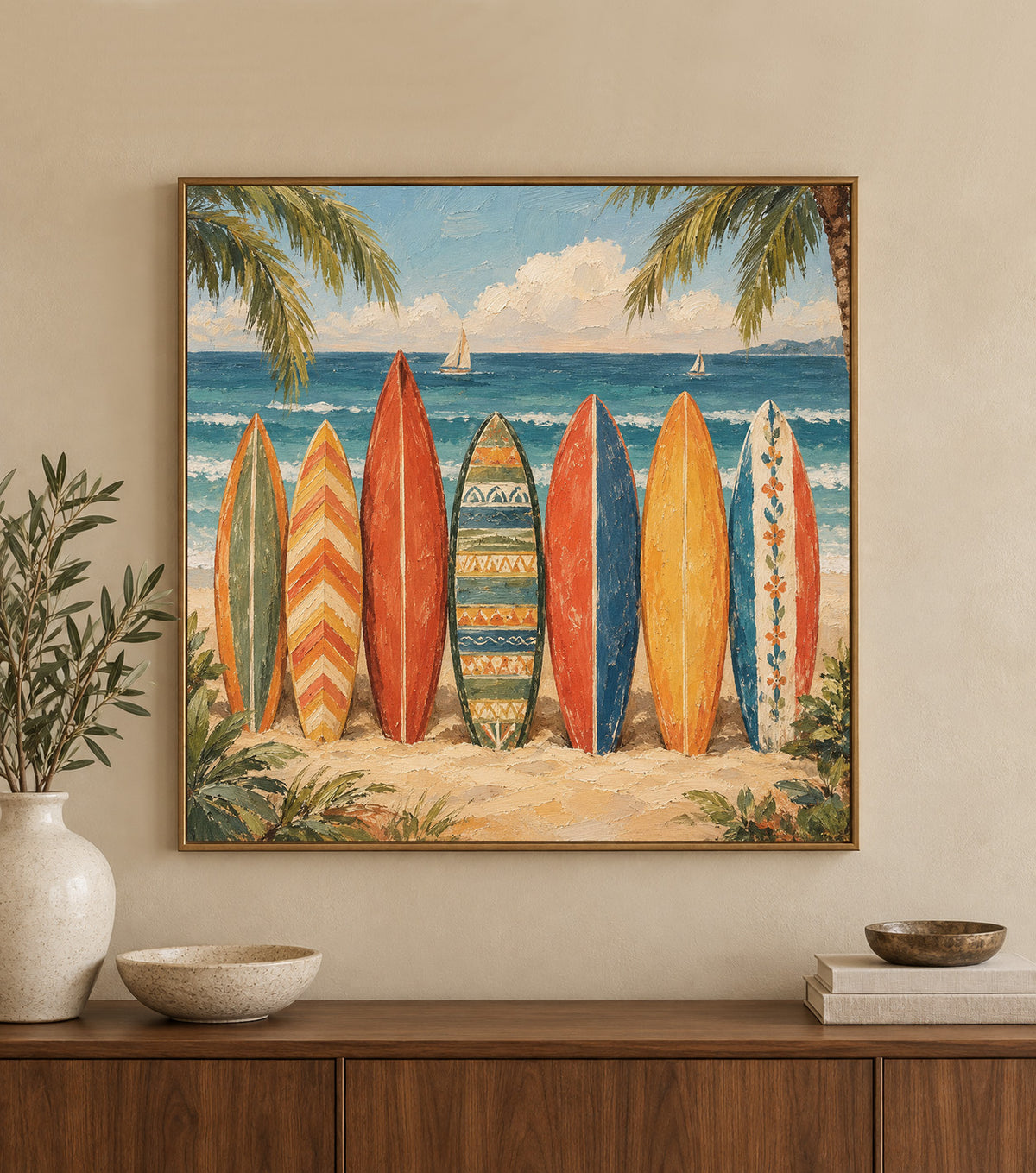 Colorful Vintage Surfboard Wall Art, Colorful Beach Oil Painting, Retro Boho Coastal Canvas