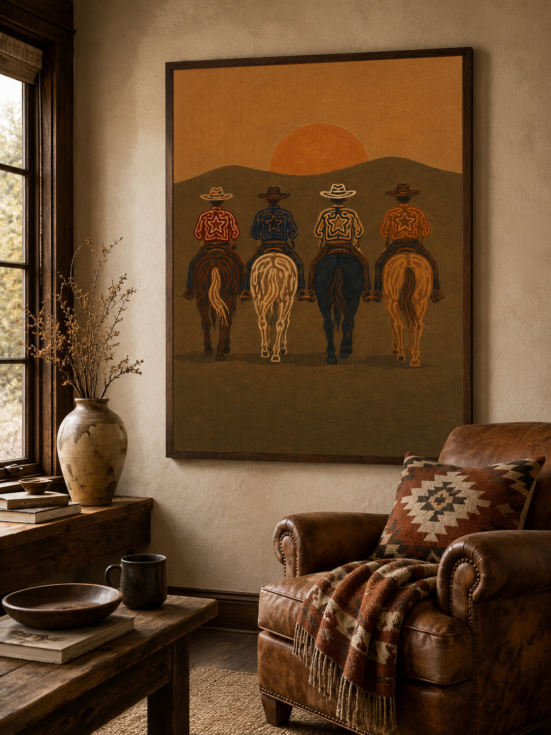 Cowboys At Sunset Painting, Western Horse Riders, Southwestern Desert Landscape Art For Living Room