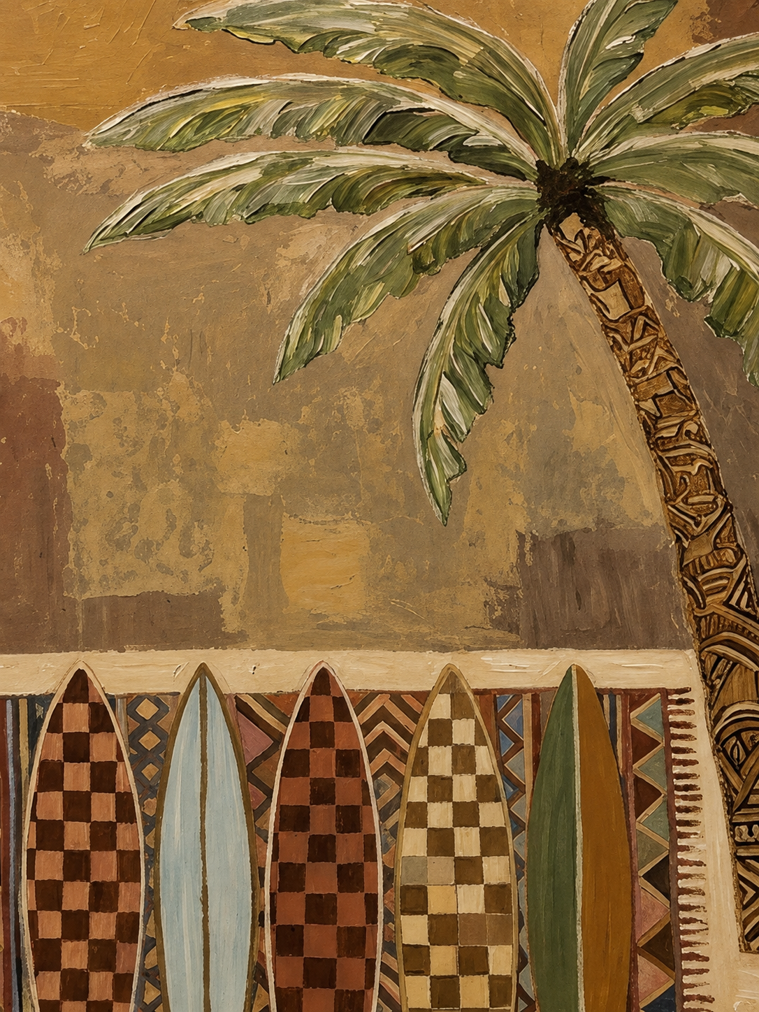Bohemian Surfboard Painting With Palm Tree For Beach House Living Room Wall Art
