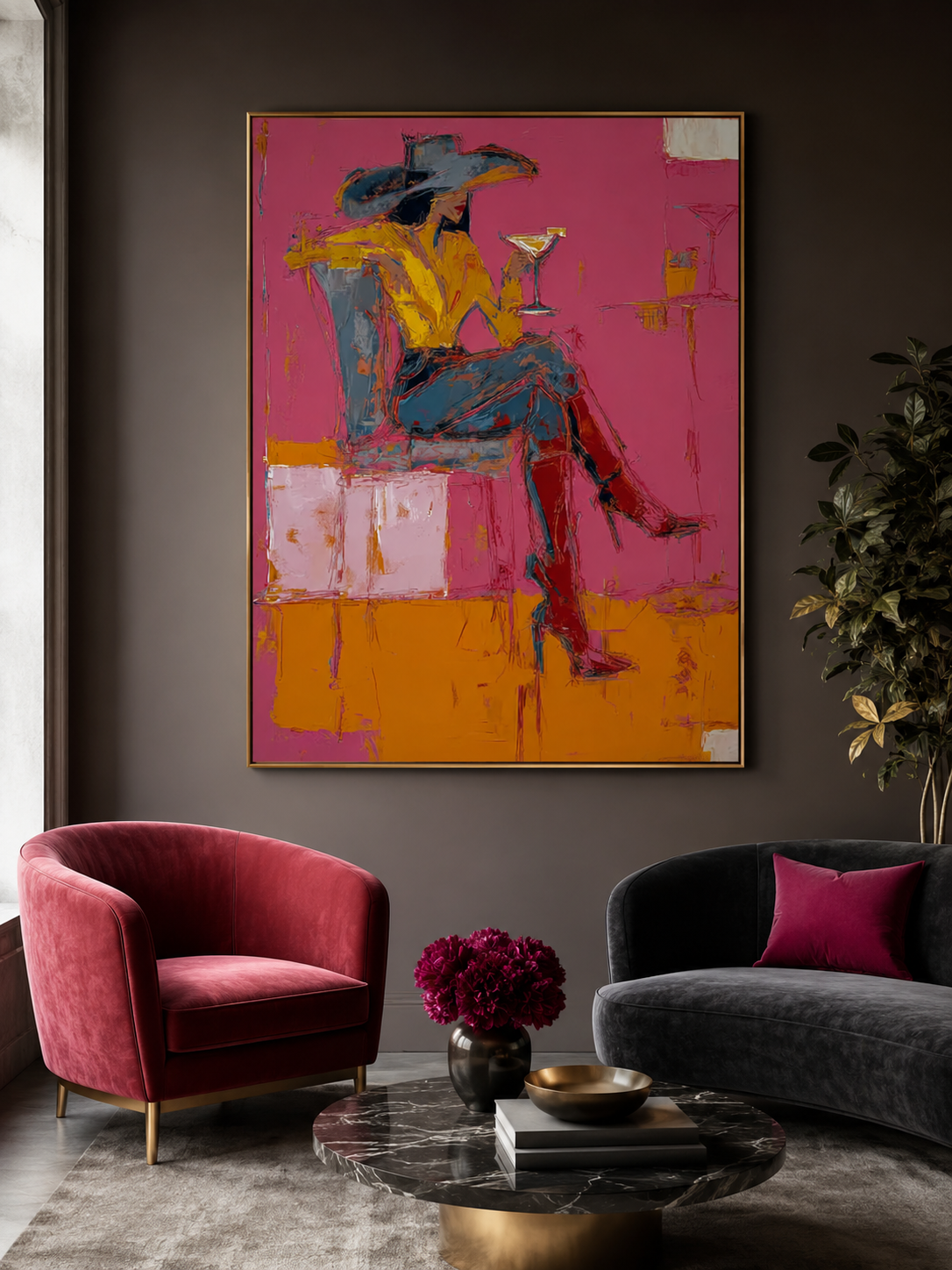 Bold Figurative Oil Painting Of Woman In Hat With Expressive Brushstrokes For Home Wall