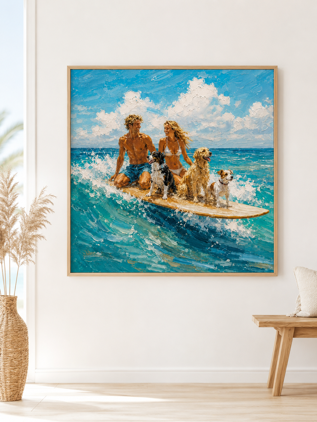 Summer Beach Wall Art Modern Textured Beach Painting With Dogs And Couple For Coastal Living Room Decor