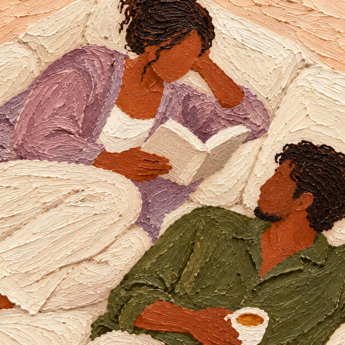 Cozy Couple Reading Painting Romantic Living Room Wall Art With Textured Couple Figure Painting