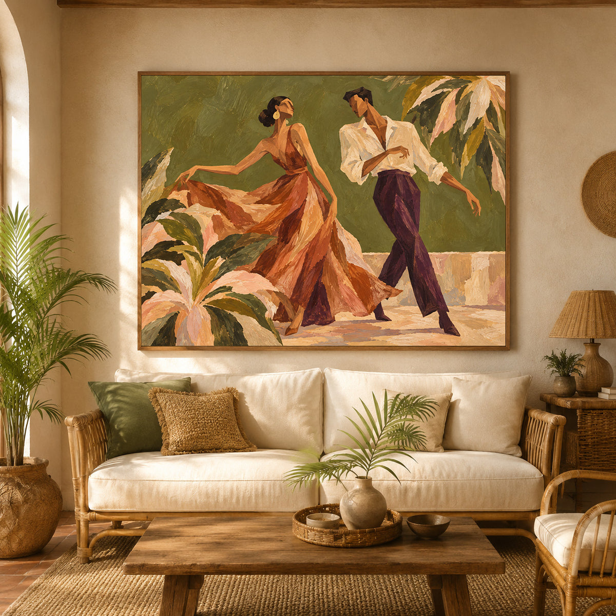 Vintage Dancing Couple Canvas Painting With Tropical Palms And Green Tones