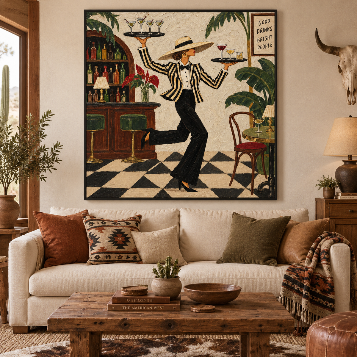 Vintage Waitress Canvas Painting With Cocktails And Tropical Bar Scene
