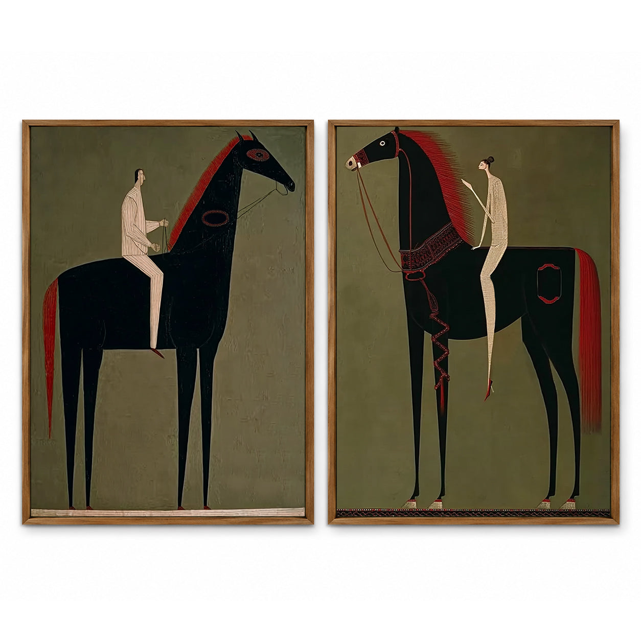 Modern Equestrian Art Set Of Two Black Horse Paintings For Living Room Decor