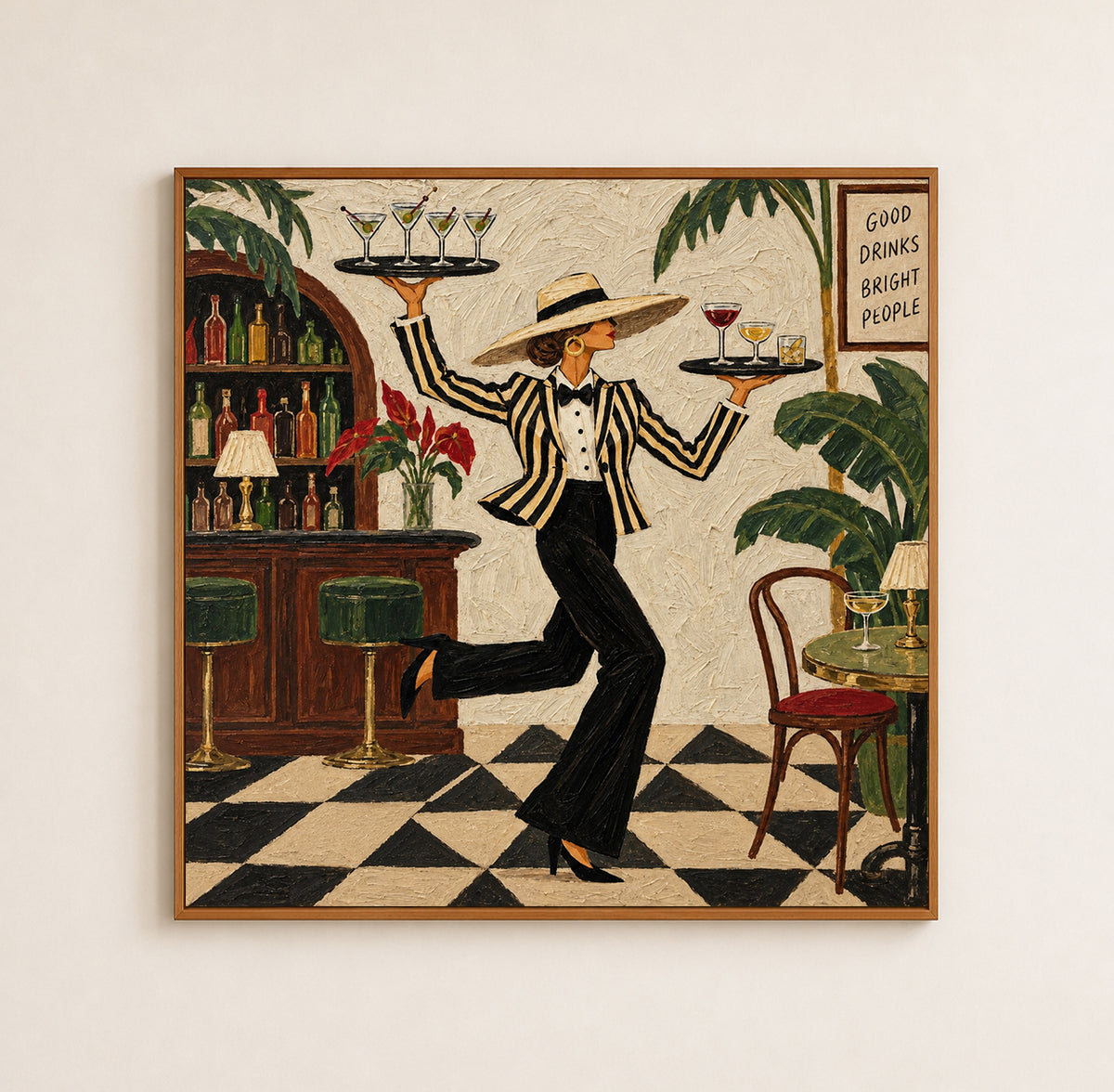 Vintage Waitress Canvas Painting With Cocktails And Tropical Bar Scene