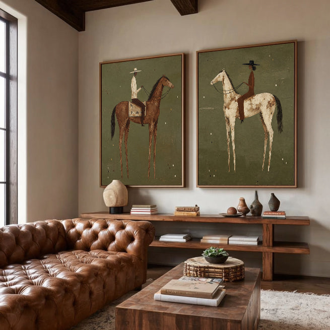 Vintage Equestrian Horse Painting Set With Riders In Earthy Tones For Classic Home Decor