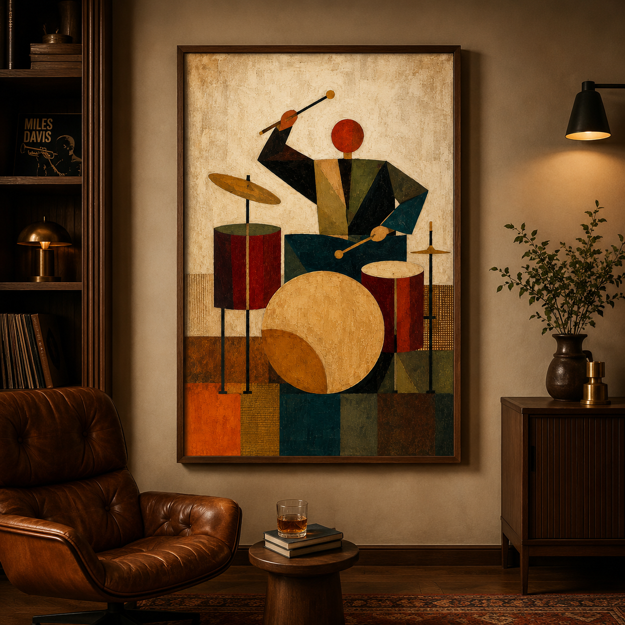 Abstract Jazz Drummer Painting Geometric Music Art For Living Room Decor
