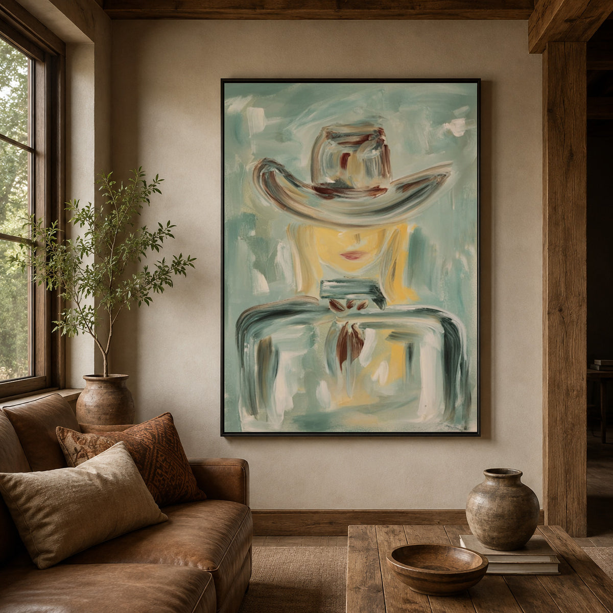 Abstract Cowboy Figure Painting In Sage Green For Modern Wall Decor