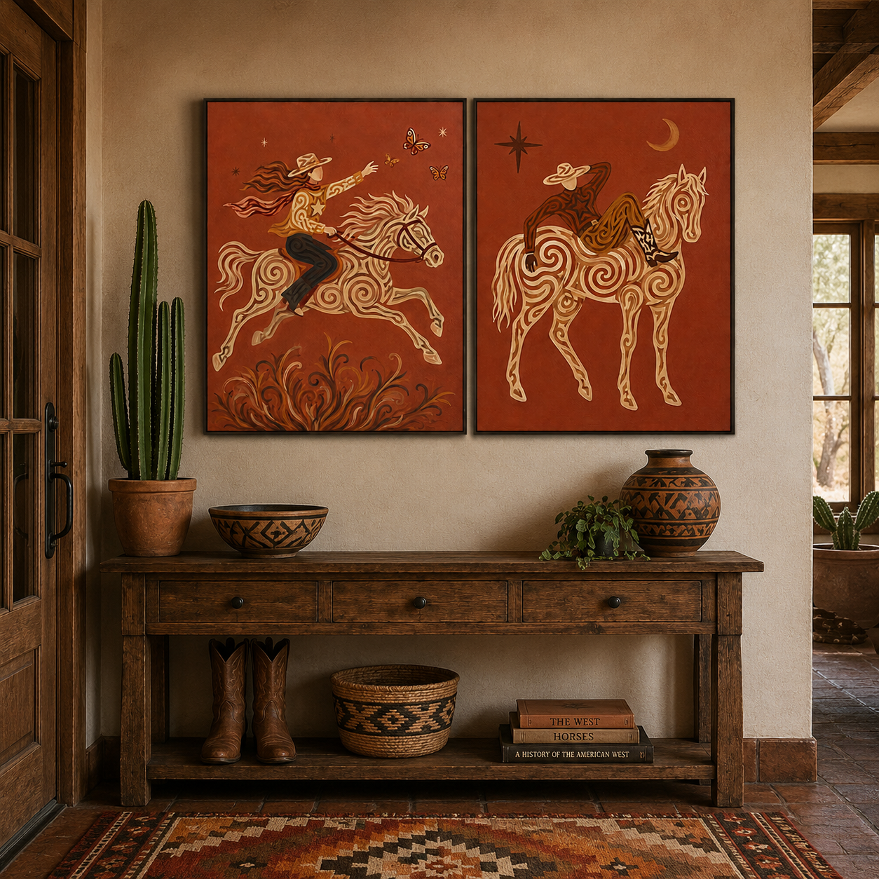 Western Cowboy Wall Art, Rustic Red Horse Canvas, Boho Equestrian Art, Vintage Cowboy Aesthetic, Set Of 2 Western Room Decor