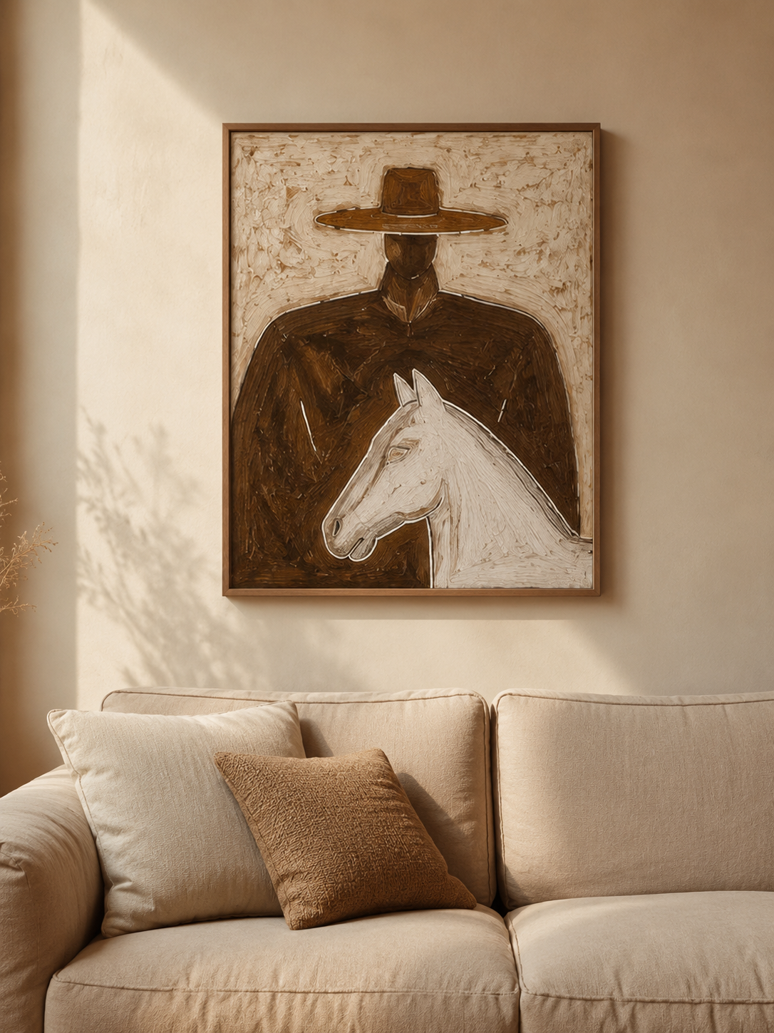 Modern Wabi Sabi Painting Of Man With Horse Brown Minimalist Wall Art