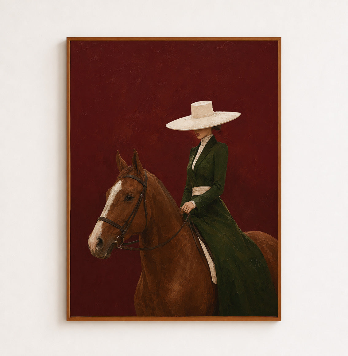 Minimalist Figurative Art Print Of Lady And Horse In Green Dress Against Crimson Wall For Study