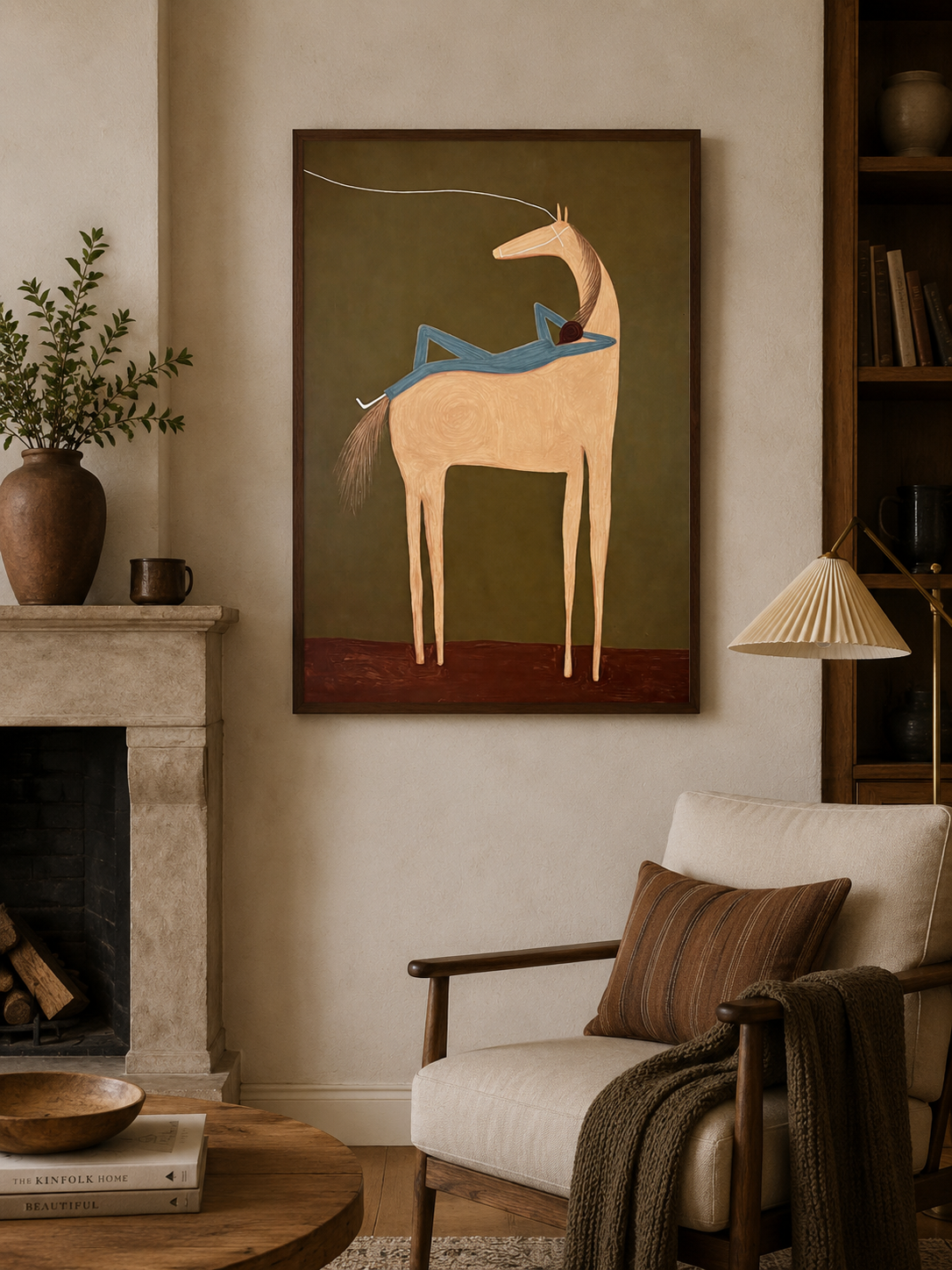 Olive Green And Beige Animal Art Hand Painted Canvas For Bedroom Wall