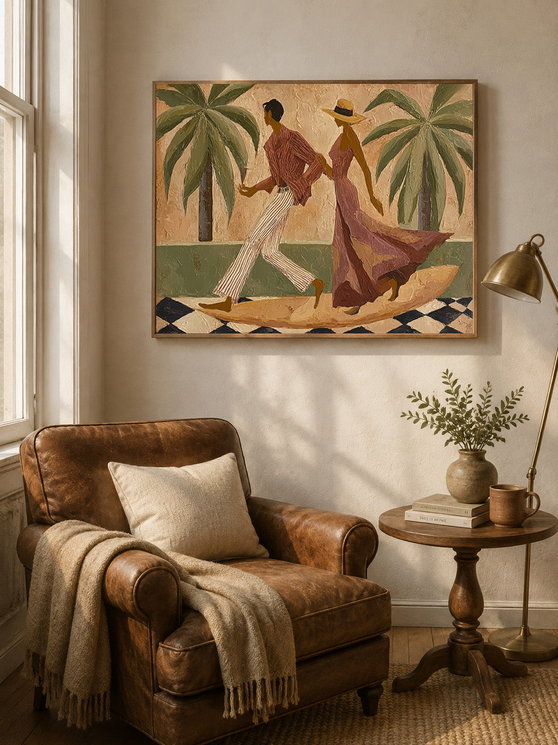 Dancing Couple Canvas Painting With Tropical Palms And Olive Green Tones