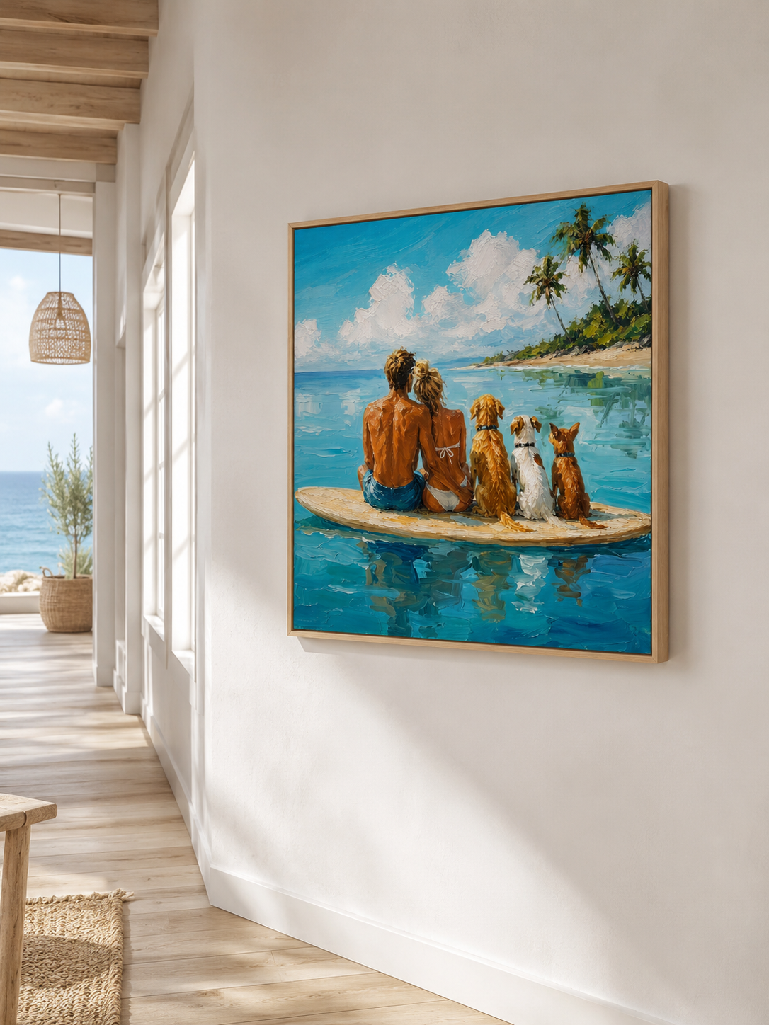 Summer Seascape Artwork Romantic Beach Painting With Dogs On Surfboard For Living Room Decor