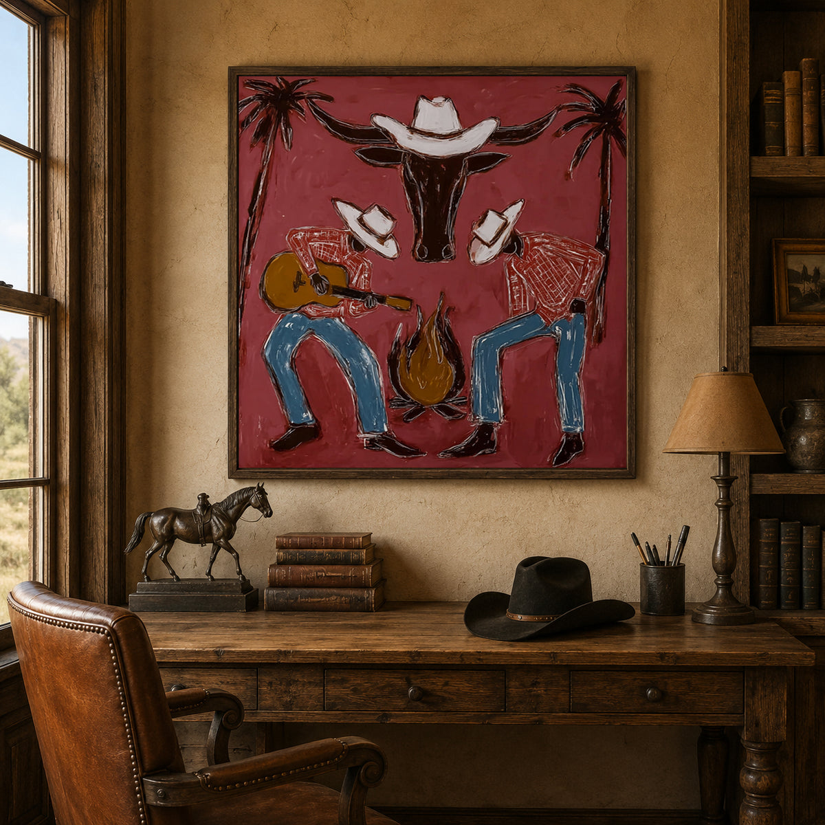Cowboy Guitar Wall Decor Rustic Western Campfire Scene Canvas Painting For Living Room Decor