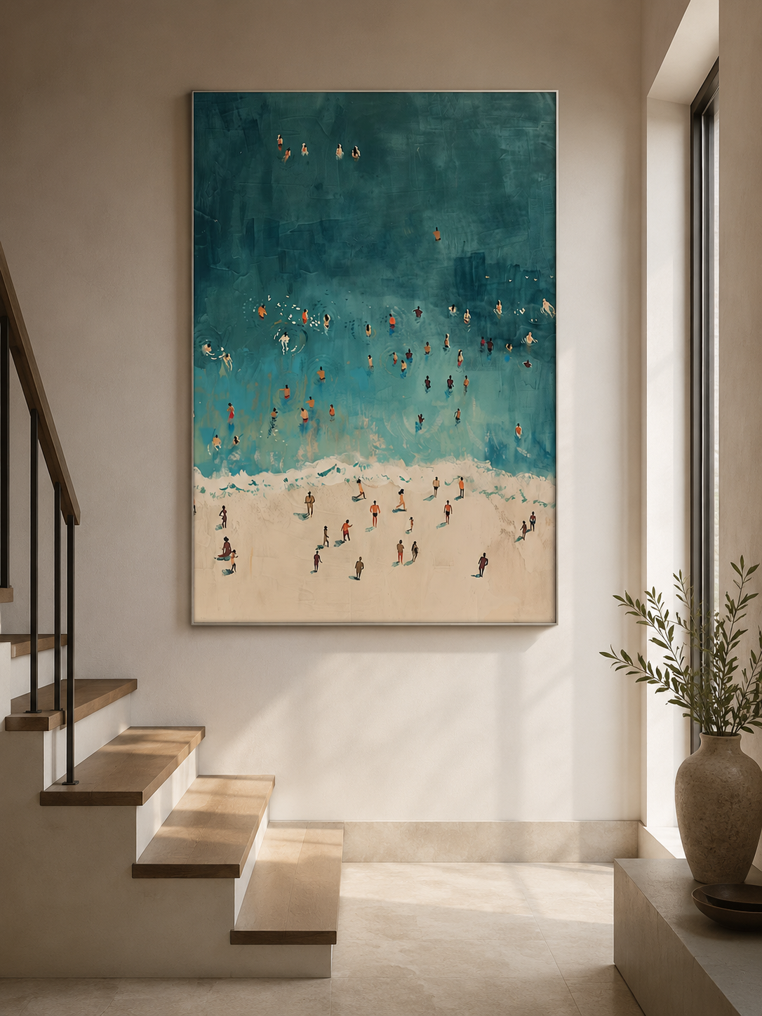 Retro Beach Painting With Minimalist Figures In Teal And Beige For Modern Living Room Wall Art