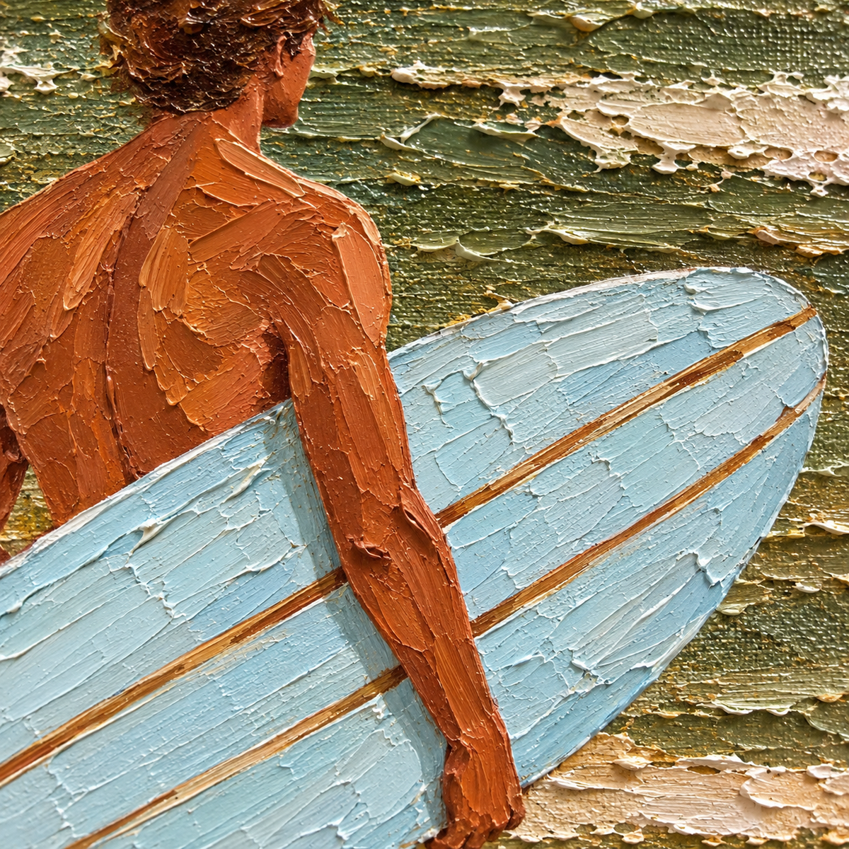 Blue Surfboard Canvas Art, Heavy Impasto Ocean Waves Painting, Coastal Beach House Wall Decor