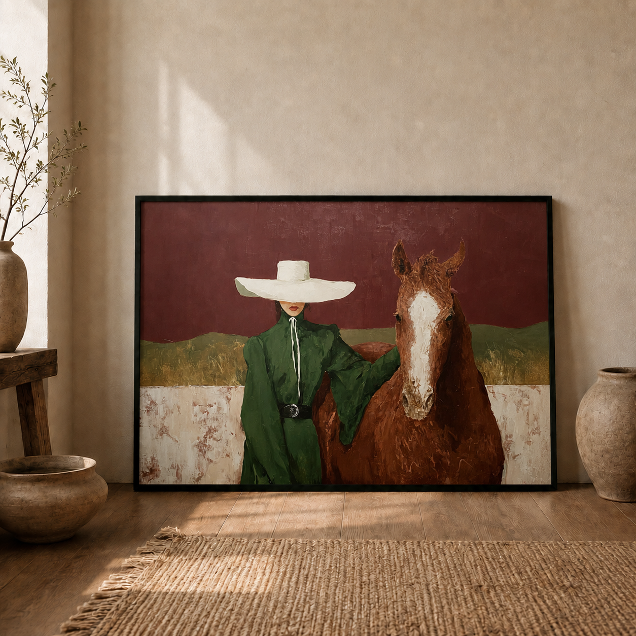 Elegant Woman With Horse Painting In Burgundy And Green For Modern Home Wall Art Decor