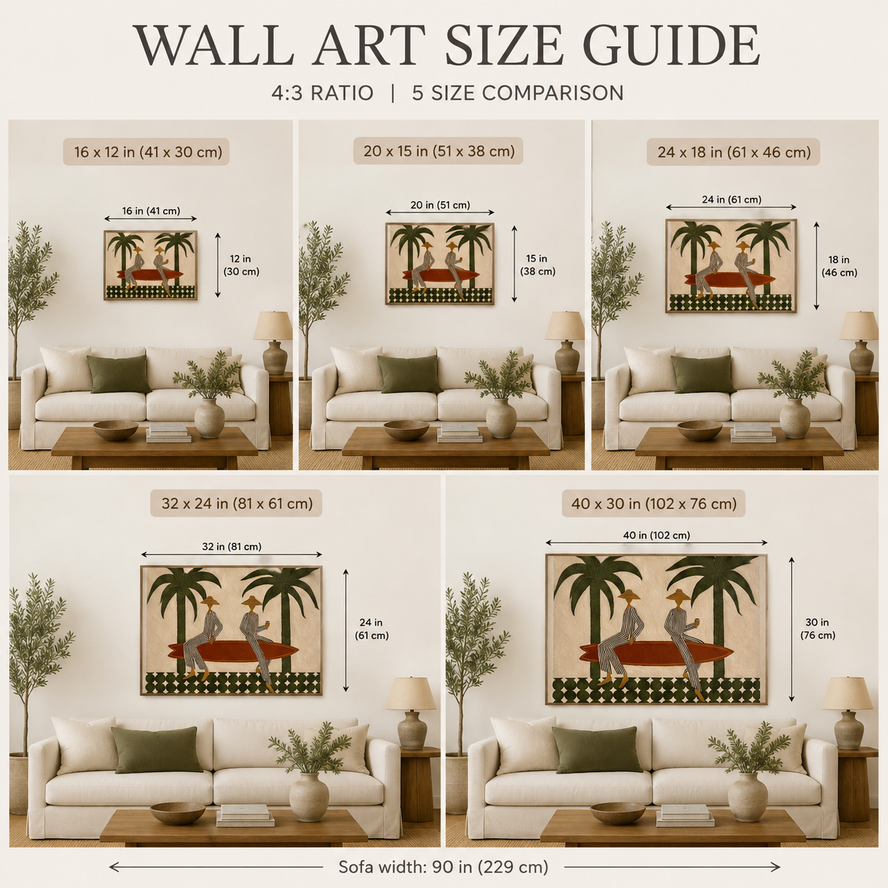 Bohemian Surfboard Wall Art With Green Palm Trees For Coastal Living Room Decor