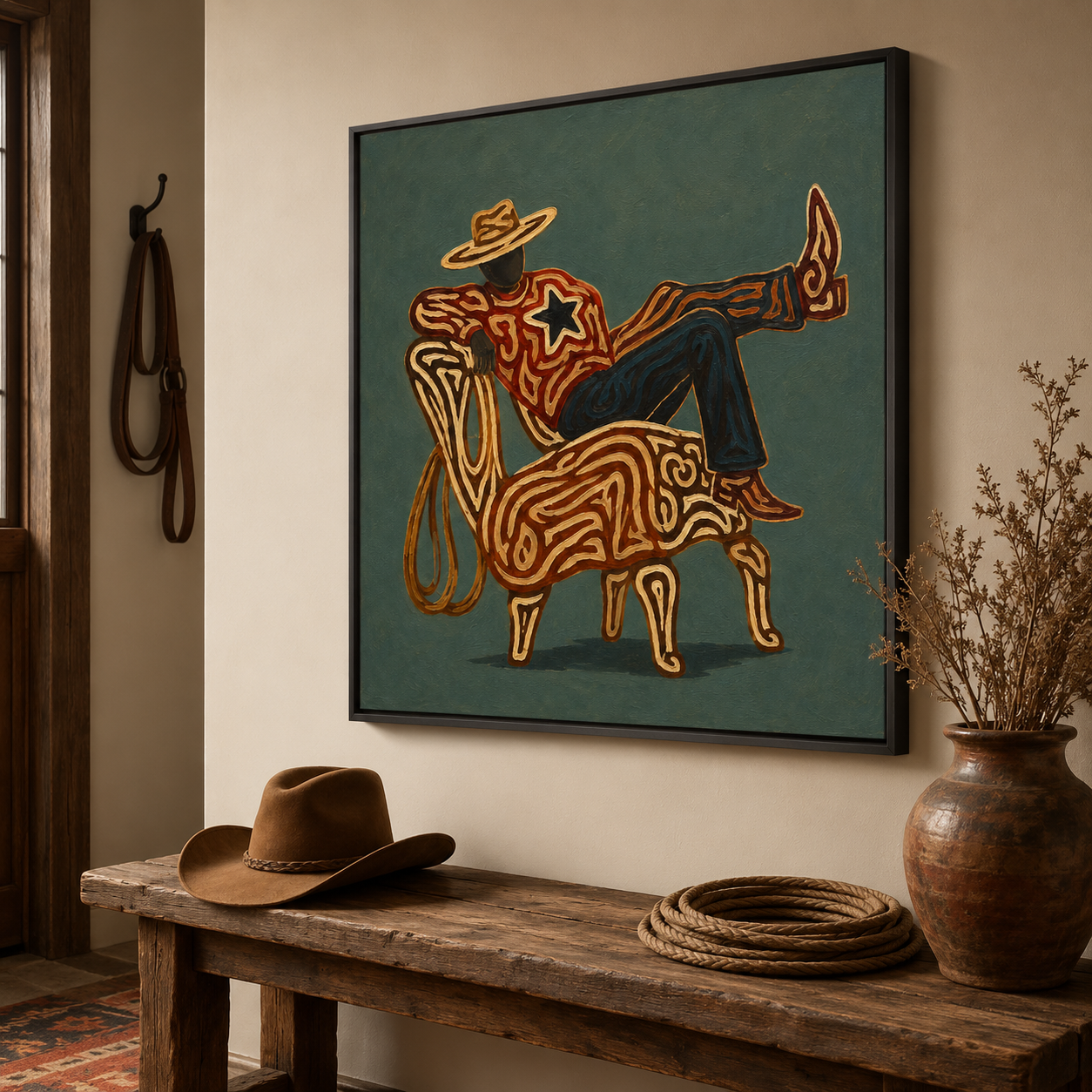 Cowboy Relaxing Art , Western Aesthetic Wall Art, Abstract Cowboy Painting, Modern Rustic Decor Canvas, Contemporary Cowboy Art