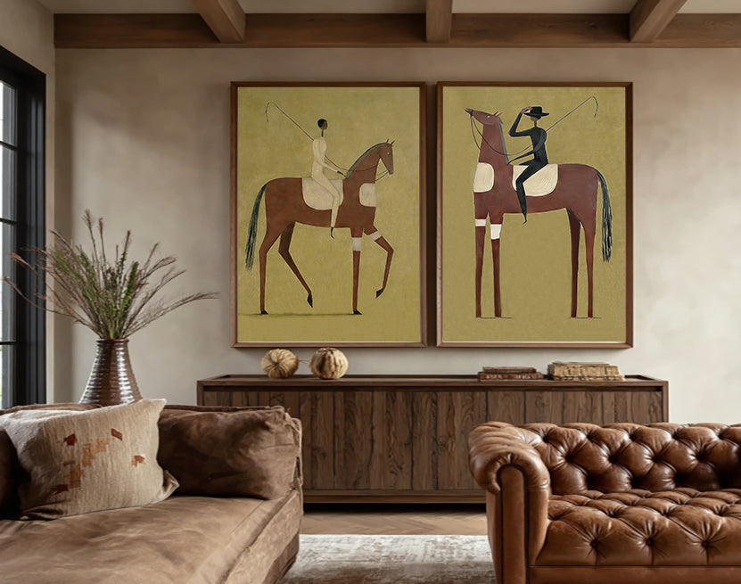 Vintage Equestrian Horse Art Set Of Two With Olive Green Background For Living Room Wall Decor
