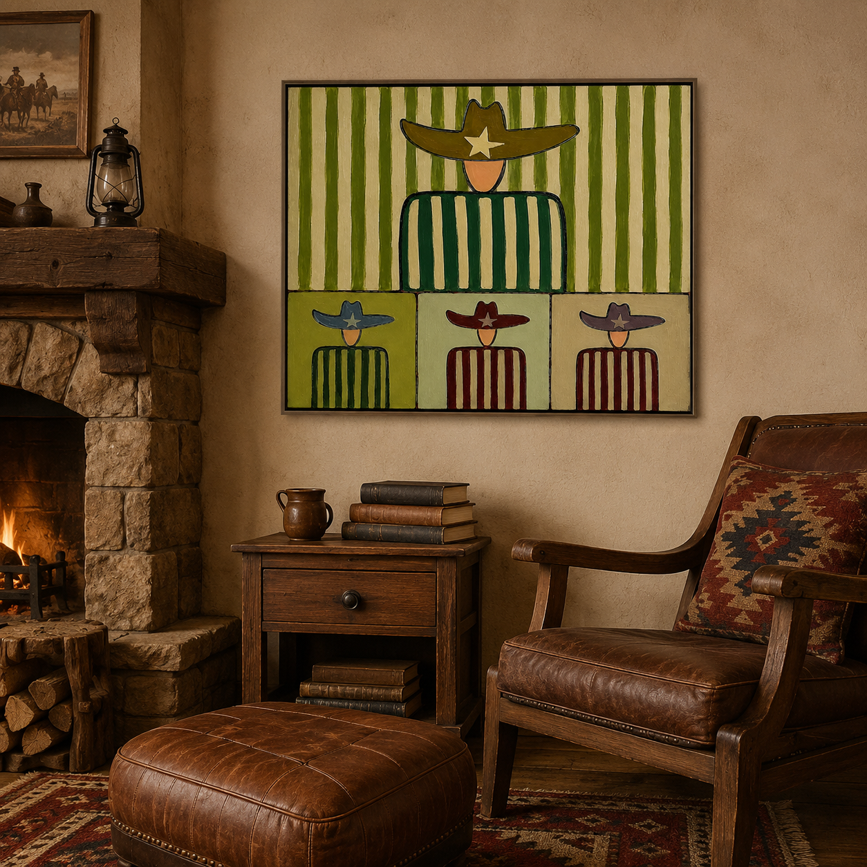 Whimsical Western Folk Art Painting With Cowboy Figures In Green Stripes For Modern Home Decor