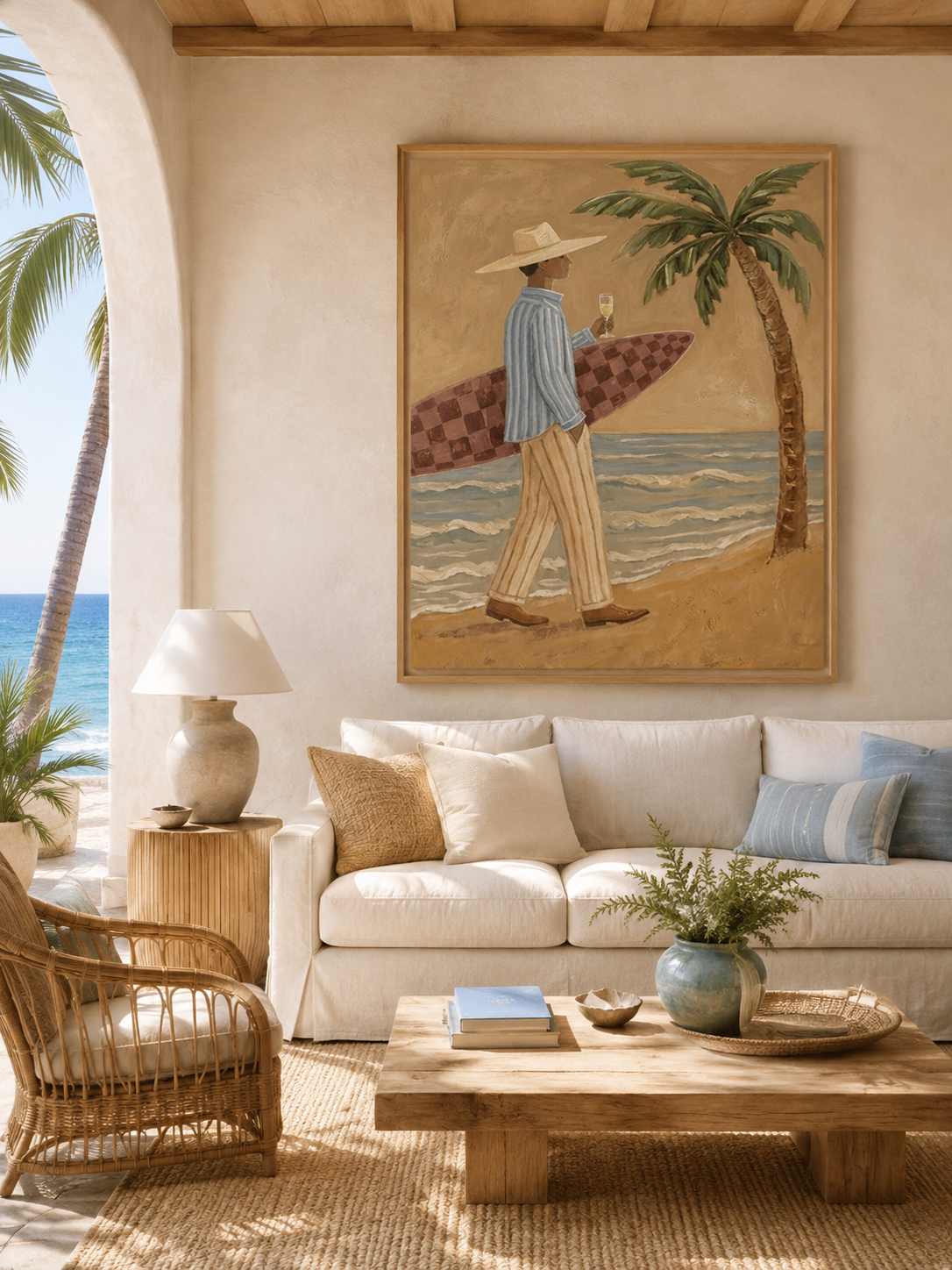 Vintage Surfer With Wine Glass Painting For Coastal Home Decor