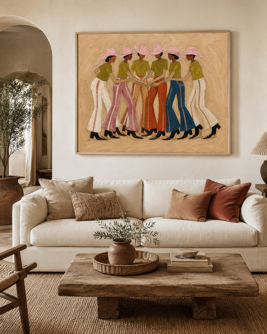 Cowgirl Group Canvas Art, Neutral Western Wall Decor, Pink Hat Countryside Painting
