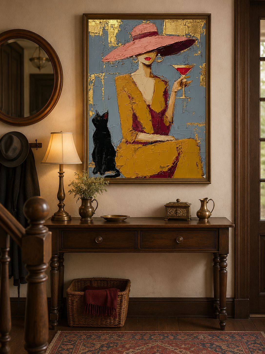 Elegant Lady With Black Cat Gold Foil Oil Painting For Bar Decor