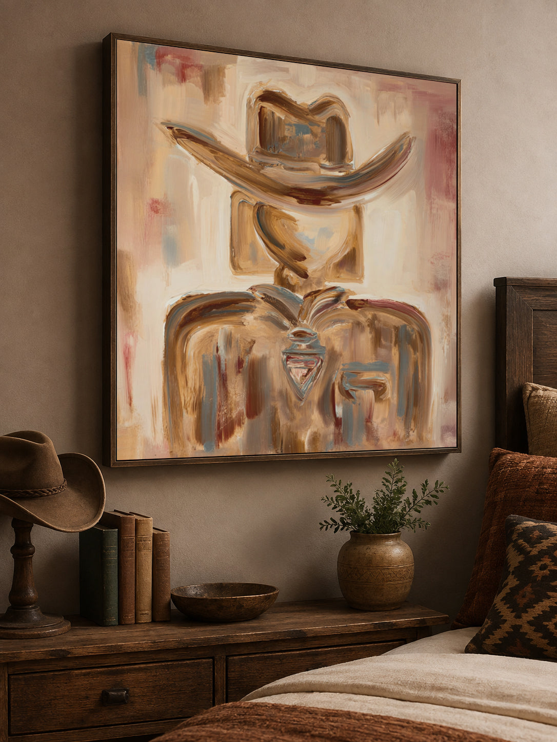 Abstract Cowboy Portrait Canvas Painting In Earthy Brown Tones