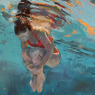 Modern Feminist Underwater Figure Painting With Red Swimsuit Expressive Oil Art For Living Room Decor