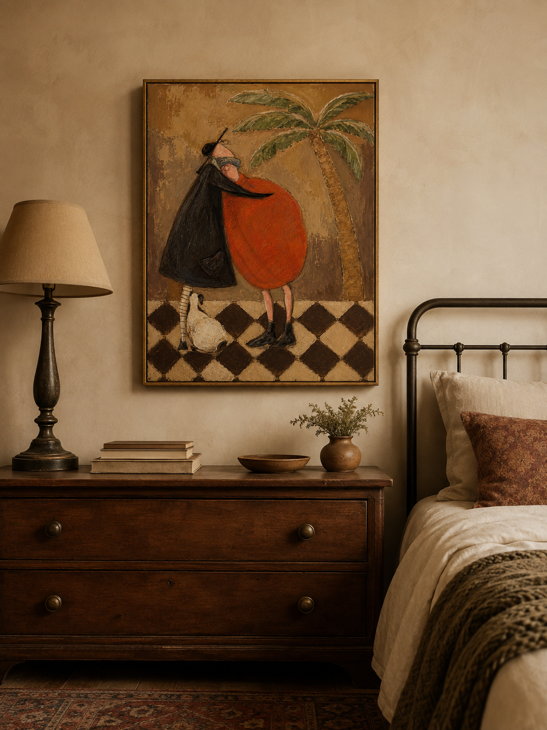 Vintage Tropical Wall Art With Two Figures In Brown Tones For Modern Living Room Decor