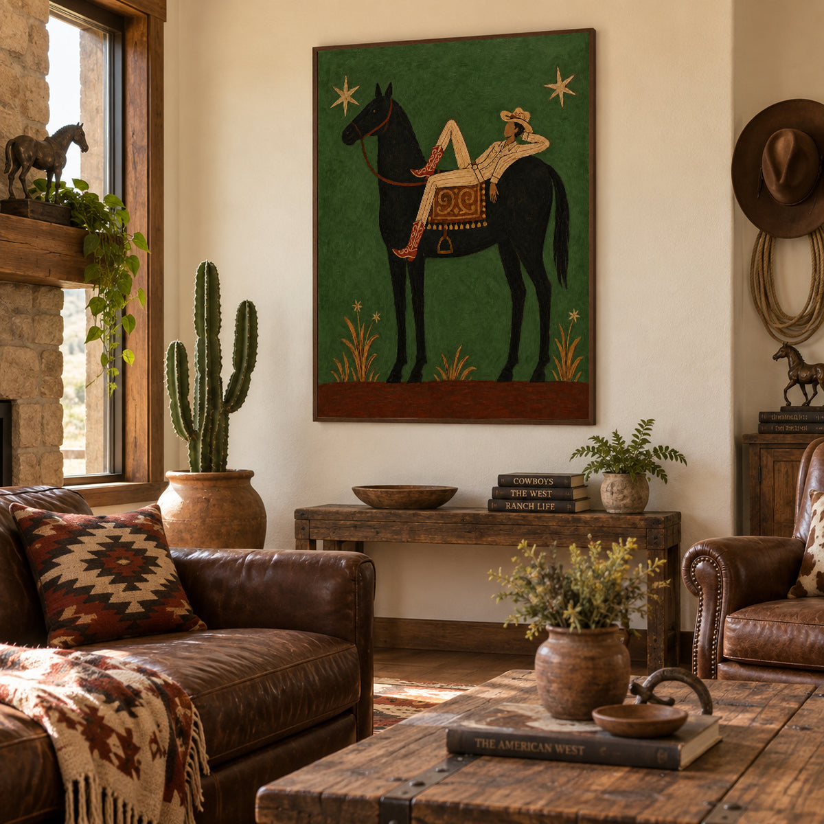 Relaxed Cowboy On Black Horse Canvas Art, Starry Night Western Wall Decor Green Background Fine Art