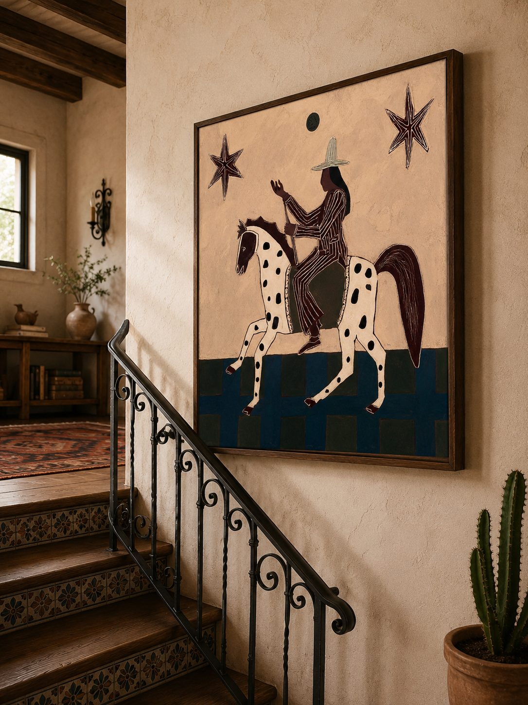 Vintage Magical Realism Folk Art Painting With Spotted Horse And Stars For Living Room Decor