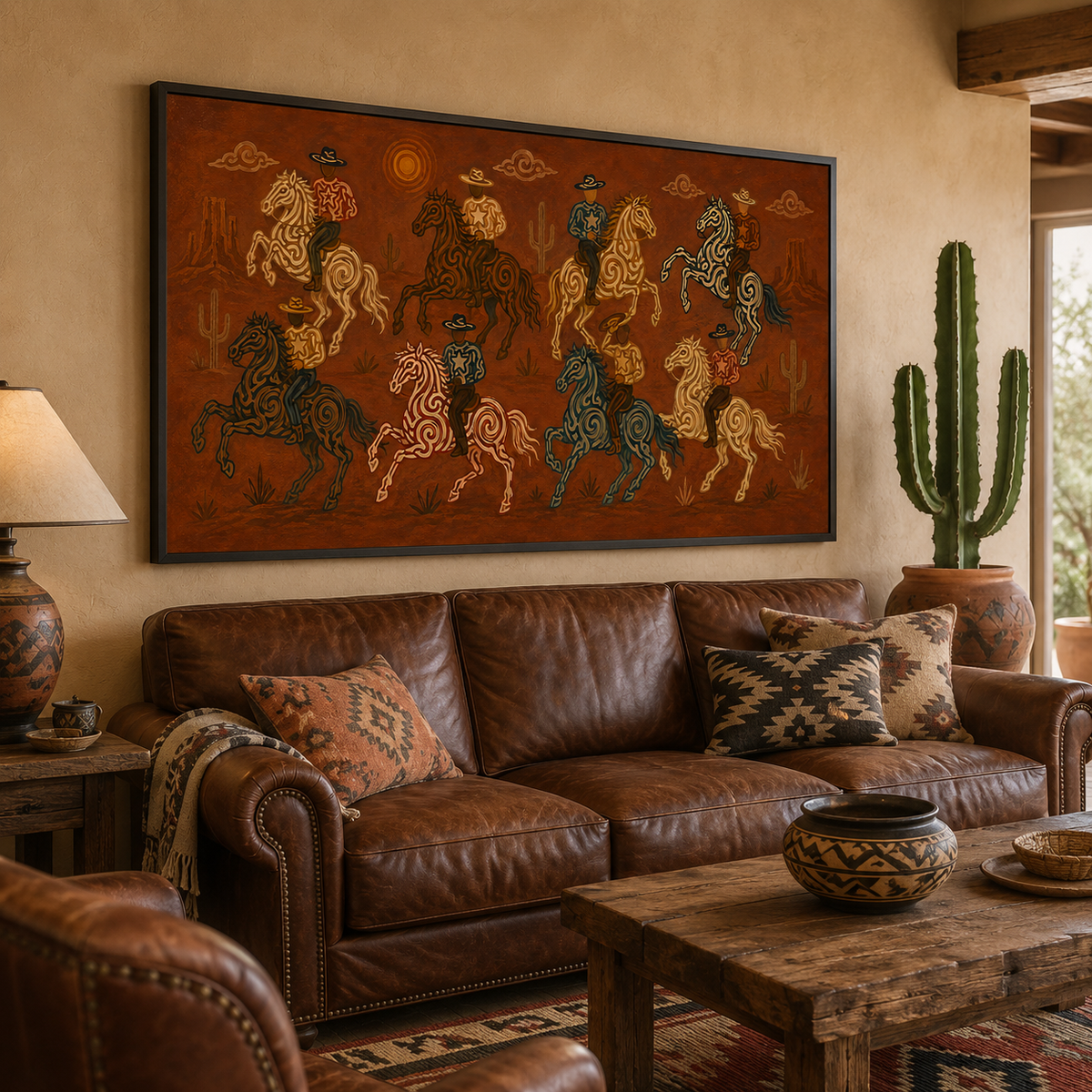 Wild West Cowboy Riders Painting, Panoramic Desert Horse Art, Rustic Southwestern Ranch Decor