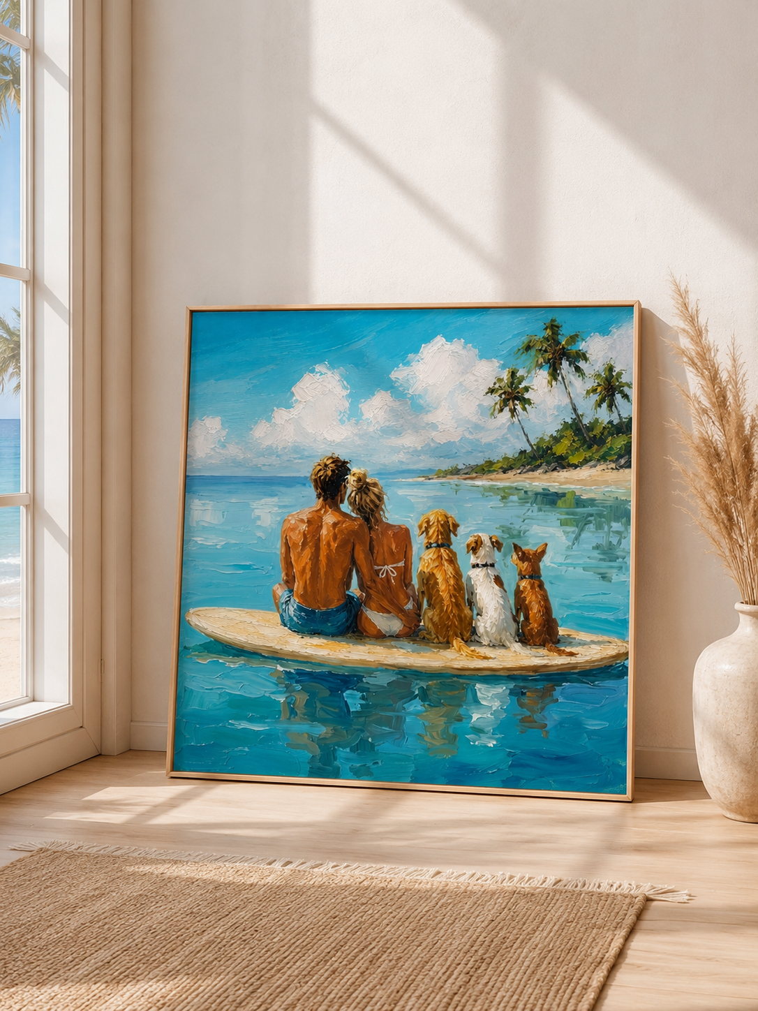 Summer Seascape Artwork Romantic Beach Painting With Dogs On Surfboard For Living Room Decor