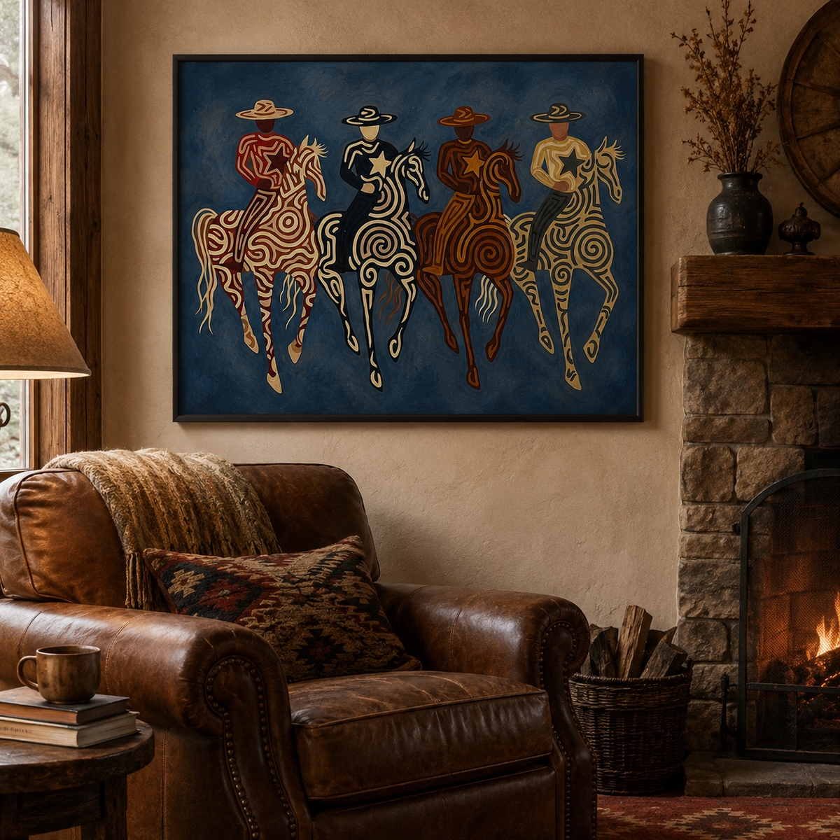 Four Cowboy Riders Painting, Navy Blue Western Horse Art, Southwestern Folk Wall Decor
