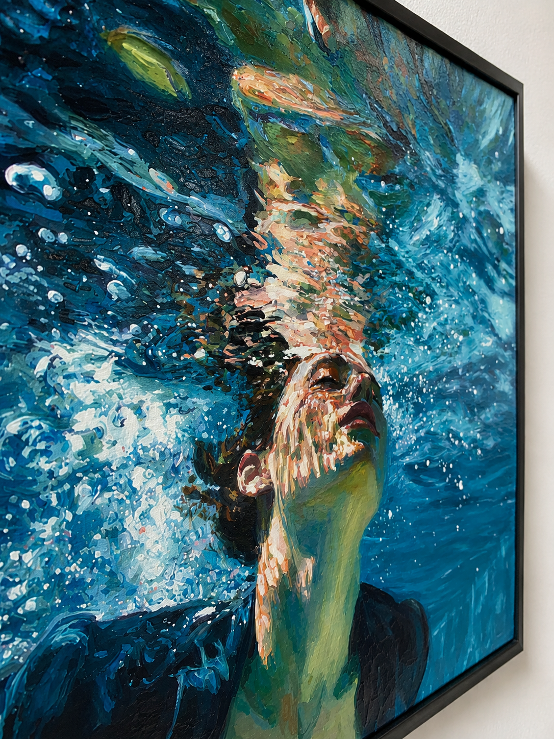 Modern Underwater Figure Painting With Bubbles And Blue Waves For Living Room Decor