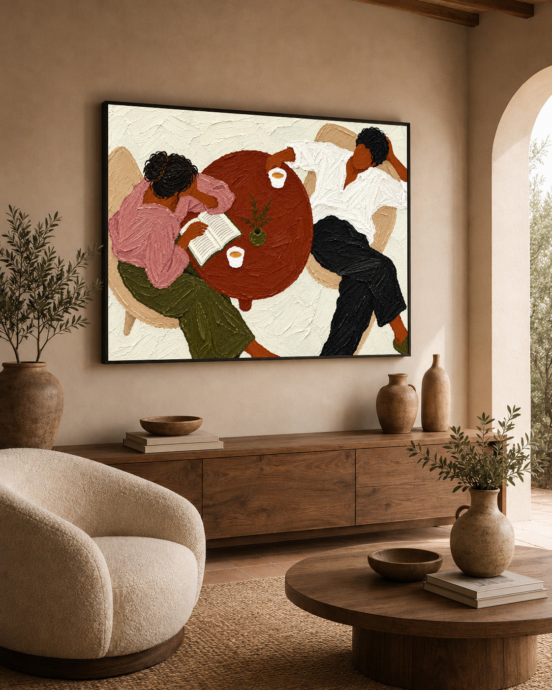 Lazy Sunday Couple Oil Painting, Cozy Reading Wall Art, Neutral Textured Figurative Canvas