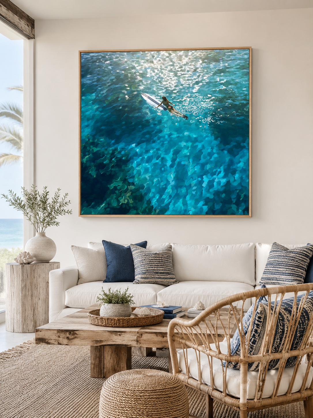 Hand Painted Ocean Swimmer Art For Modern Coastal Living Room Wall Decor Blue