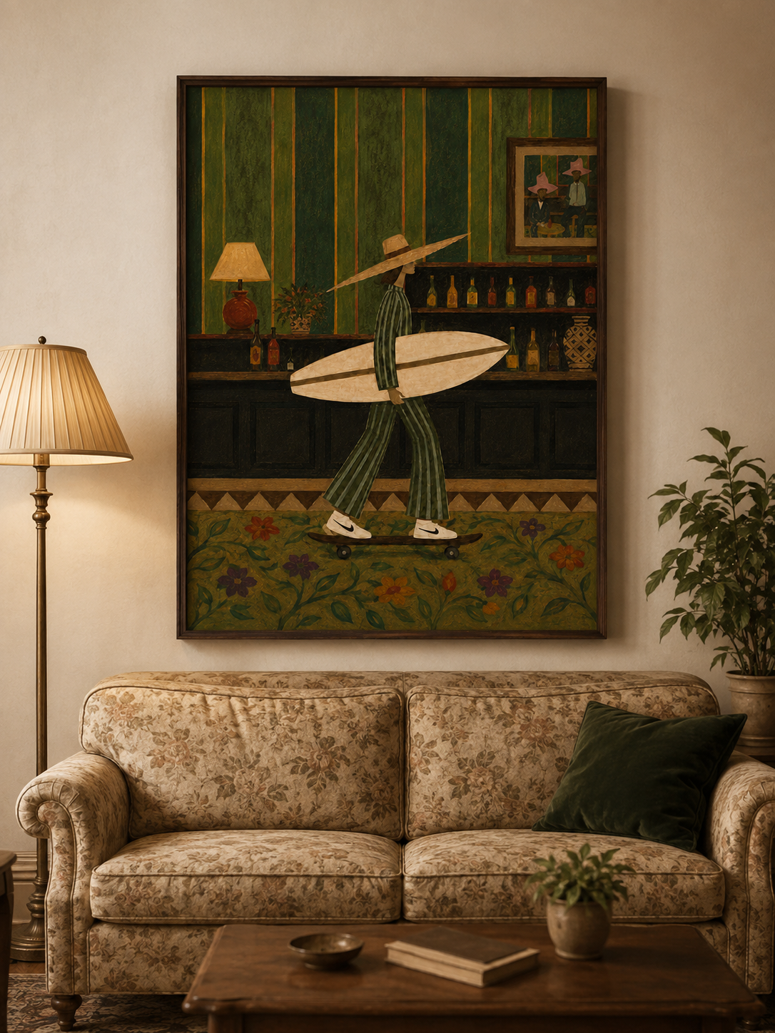 Vintage Western Surf Art Canvas Print With Cowgirl Skateboard For Retro Home Decor