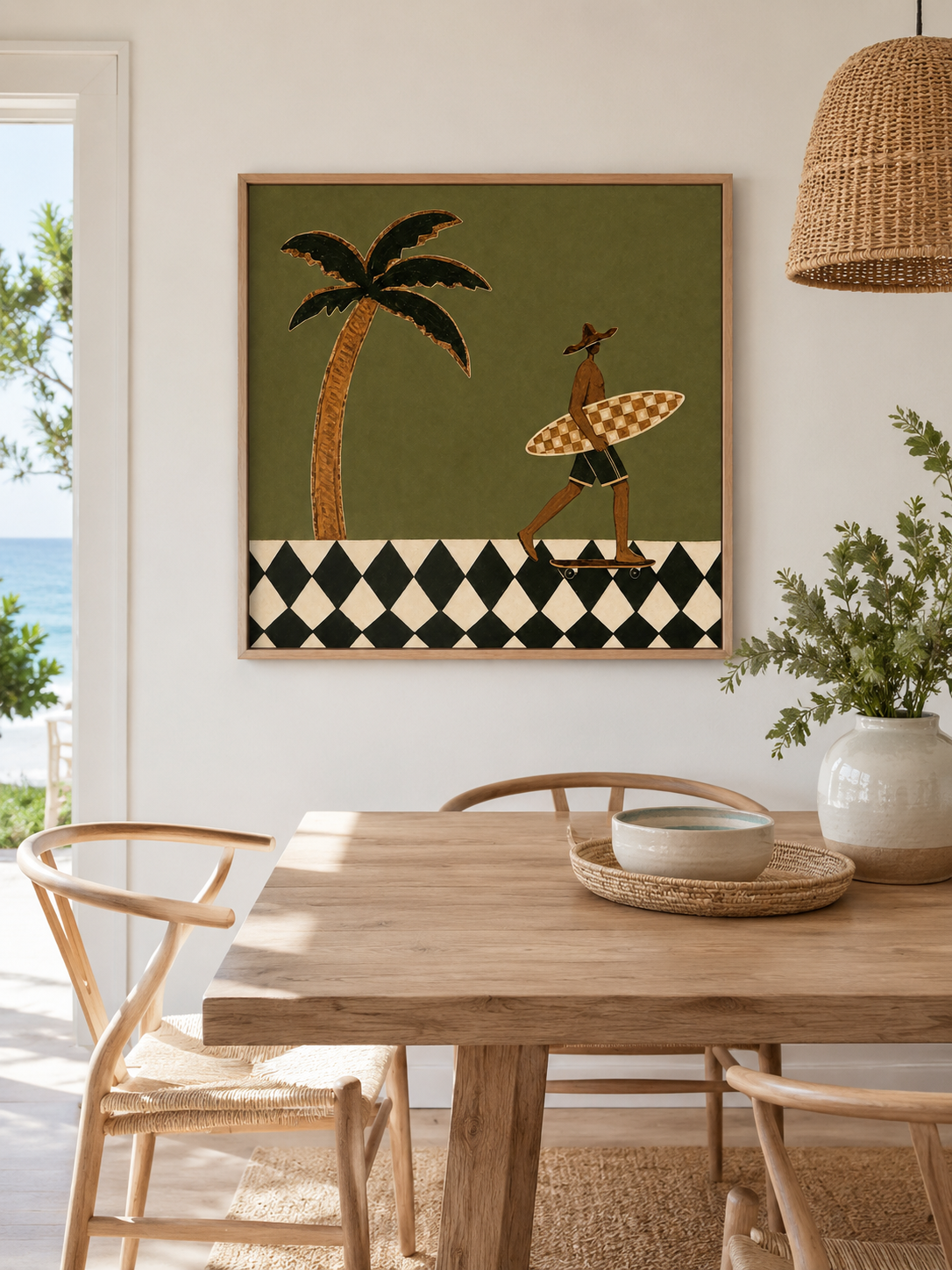 Vintage Minimalist Surf Art With Checkerboard Design For Modern Beach Home Decor