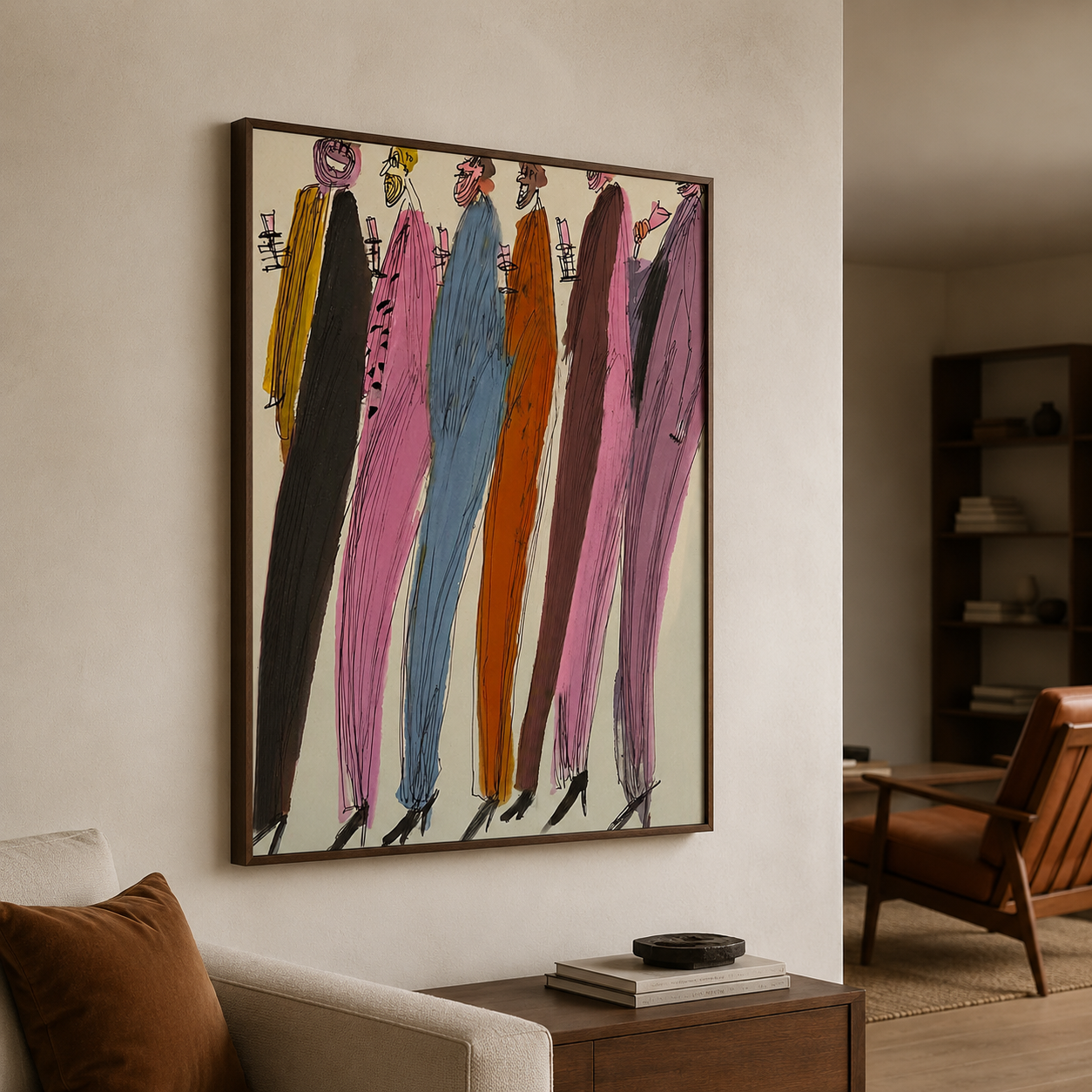 Abstract Figurative Painting Of Colorful Party People In Square Canvas For Modern Home Decor