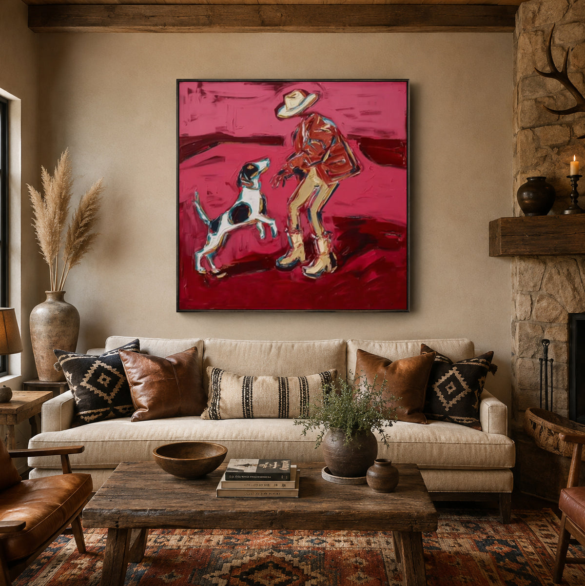 Cowboy And Dog Figurative Canvas Painting In Red Tones For Modern Western Decor